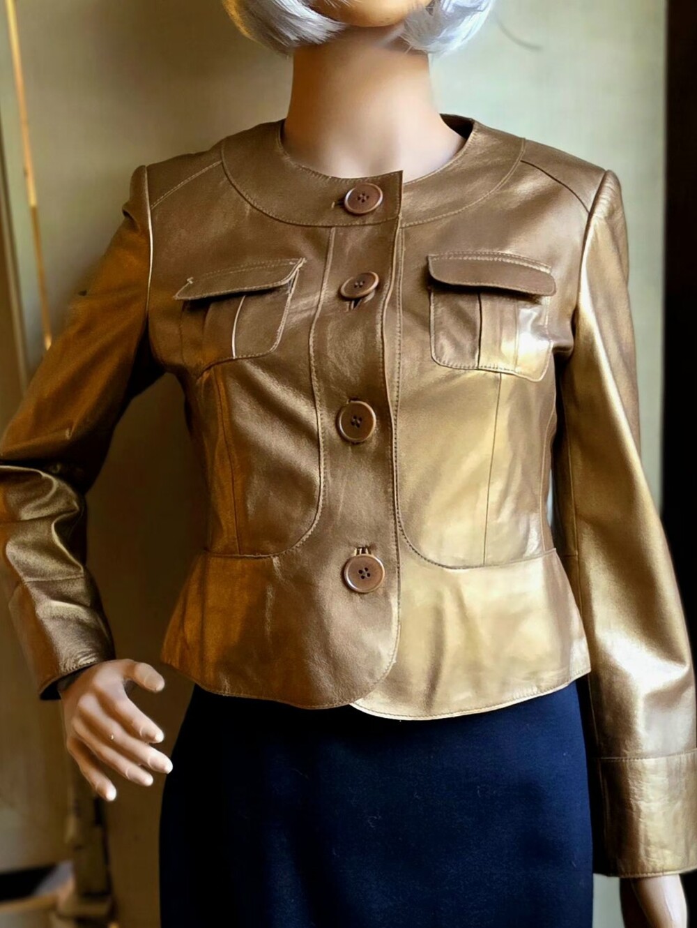 Talbots Petites genuine leather jacket in a beautiful metallic bronze finish, 0